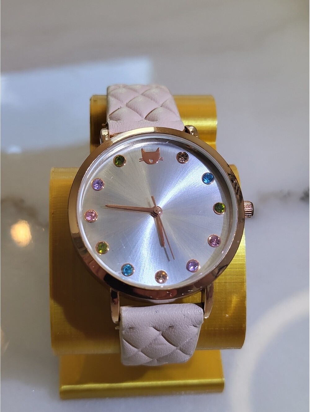 Kitty Cat Rainbow Rhinestone Pink Quartz Watch New Battery Working 34mm